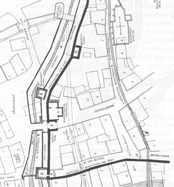 Nordostseite der Stadtbefestigungen mit Klingenturm (6), Stätt-Tor (7), Säumarktturm (8) und Malefizturm (9). Plan aus: Eduard Krüger: Die Stadtbefestigung von Schwäbisch Hall, Schwäbisch Hall 1966, S. 16.