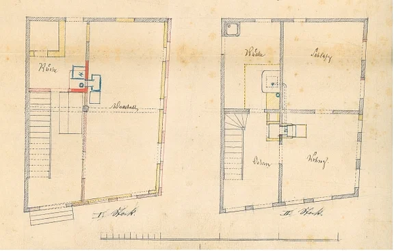 Lageplan zu Umbauarbeiten am Haus (rot eingezeichnet), 1871 (StadtA SHA FS 27/0449)