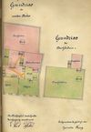 Grundriss von zweitem Stock und Dachstock für einen Teilungsplan zwischen den Hausbesitzern Johann Bühler (rot) und Carl Schieber (grün) von 1878 (gelb: gemeinsamer Besitz) (19/511, Beil. 38)