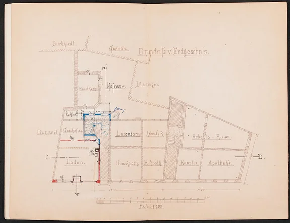 Erdgeschoss der Gebäude Neue Straße 10 und 12 mit den damaligen Nutzungen, 1897 (Stadt Schwäbisch Hall, Baurechtsamt, Bauakten Neue Straße 10)