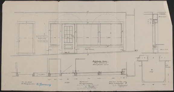 Plan der zurückgesetzten Ladenfront des ehemals Kapp’schen Geschäfts, 1948 (Stadt Schwäb. Hall, Baurechtsamt, Bauakten Neue Straße 29-33)