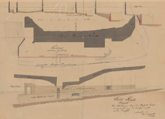 Detailplan des Bauinspektors Stock zur Zurücksetzung der südlichen Stützmauer des Kirchhofs von St. Michael, Undat., um 1838 (Baurechtsamt Schwäbisch Hall, Bauakten Am Markt 1)