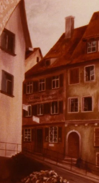 Das Haus um 1920, auf einer Schützenscheibe von 1981. Privatbesitz (StadtA SHA FS 12978)