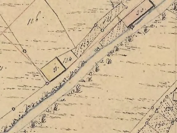 Ausschnitt aus dem Primärkataster 1827-1830 - die Scheuer PKN 51 lag außerhalb des Orts (Plan: Geodatenportal Schwäbisch Hall /  Stadt Schwäbisch Hall, Fachbereich Planen und Bauen, Abteilung Vermessung).