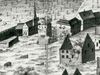 Ausschnitt aus der Ansicht der durch den Großen Stadtbrand vom 31. August 1728 zerstörten Stadt mit der Ruine von St. Jakob. Kupferstich von A. Nunzer in Nürnberg nach Vorlage von J. P. Meyer. Der Standort des offenbar total zerstörten Gebäudes liegt direkt unterhalb des „Goldenen Adlers“ (Am Markt 12), der hier mit der „20“ bezeichnet ist. Die benachbarte „Rinderbachburg“ am Standort des heutigen Sibilla-Egen-Hauses (Am Markt 9) wird hier als qualmende Ruine dargestellt  (StadtA Schwäb. Hall FS 36334)