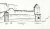 Rekonstruktion der Stadtbefestigungen am Schiedgraben  zwischen dem äußeren Crailsheimer Tor und dem Pechnasenturm. Die gestrichelte Linie markiert das heutige Straßenniveau. Der Schiedgraben war in diesem Bereich etwa 5 m tief. Aus: Eduard Krüger: Die Stadtbefestigungen von Schwäbisch Hall, Schwäbisch Hall 1966, S. 54 beigeb.