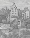 Ausschnitt aus einer Lithographie von 1832. Der Teilabbruch scheint erfolgt zu sein, der Turm ist als Ruine dargestellt. Aus: Eduard Krüger: Die Stadtbefestigung von Schwäbisch Hall, Schwäbisch Hall 1966, S. 65.