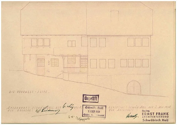 Ansicht der Nordwestseite aus dem Bauantrag zur Renovierung des „Sterns“ von 1938 (Baurechtsamt Schwäb. Hall, Bauakten Unterlimpurger Straße 61)