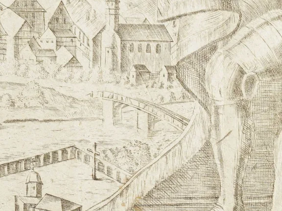 Ausschnitt aus einer Ansicht der Comburg von 1716. Kupferstich von Anton Salver in Augsburg (StadtA Schwäb. Hall HV HS 91)