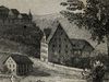 Ausschnitt aus einer Ansicht der Comburg aus Richtung Südosten, Stahlstich von 1842 aus dem „Kleinen Universum“ (StadtA Schwäb. Hall S10/2306)