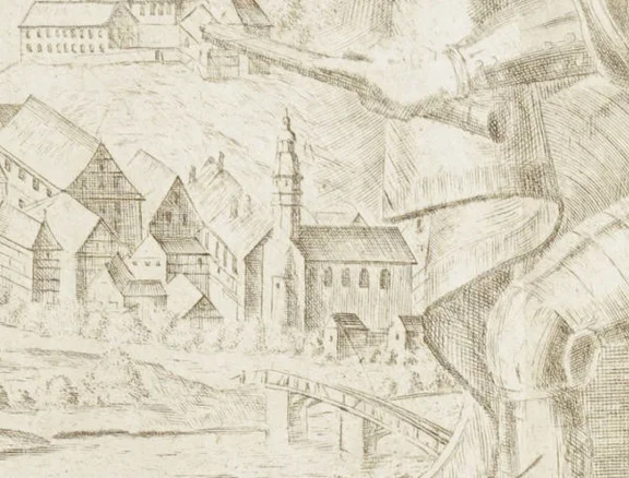 Ausschnitt aus einer Ansicht der Comburg von 1716. Kupferstich von Anton Salver in Augsburg (StadtA Schwäb. Hall HV HS 91)