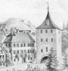 Ausschnitt aus einer Darstellung der Fahnenweihe der Schwäbisch Haller Bürgerwehr auf dem Haalplatz am 10. Juni 1849, Lithografie von W. Haaf (StadtA Schwäb. Hall FS 26933)