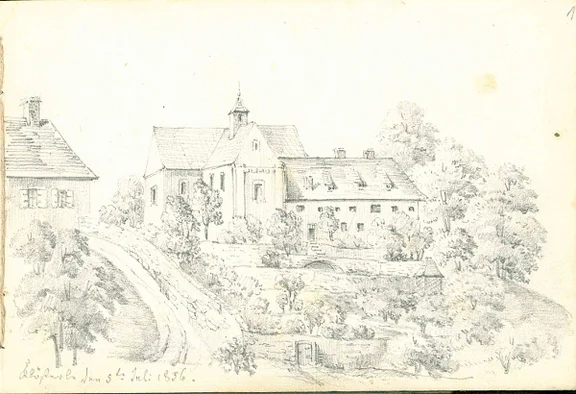 „Klösterle den 5ten Juli 1856“.  Bleistiftzeichnung aus den Skizzen- und Reisetagebüchern eines unbekannten, in Schwäbisch Hall oder in der Nähe lebenden Malers (möglicherweise Hermann oder Gustav Herdtle) (StadtA Schwäb. Hall S01/593, Bd. 2, Bl. 1)