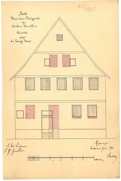 Ansicht der Fassade mit Einzeichnung der versetzten Haustüre sowie vergrößerter und neu eingebrochener Fenster, 1875 (Stadt Schwäb. Hall, Baurechtsamt, Bauakten)