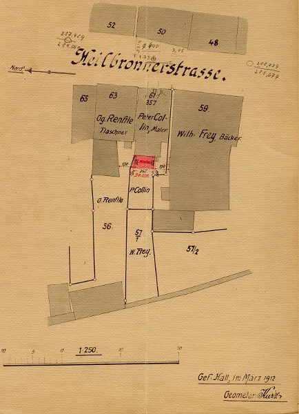 Lageplan zur Erstellung eines zweistöckigen Anbaus an der Hausrückseite, 1912 (Baurechtsamt Schwäb. Hall, Bauakten)