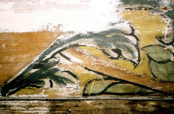 Detail der Vertäfelung im Männerabteil der 1738/39 von Elieser Sussmann ausgemalten Zimmersynagoge kurz nach der Entdeckung, 2002. Foto: Daniel Stihler (StadtA Schwäb. Hall FS 40706)