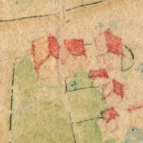 Ausschnitt aus der Flurkarte von Unterlimpurg, 1703. Die spätere Nr. 82 ist in der oberen Reihe ganz links zu erkennen, das sich links anschließende und heute noch bestehende Haus Nr. 80 bestand damals offenbar noch nicht (StadtA Schwäb. Hall 16/0021)