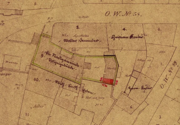 Lageplan zum Umbau eines Nebengebäudes im Hinterhof zu einem separaten „Polizeigefängnis“ , 1941 (Stadt Schwäbisch Hall, Baurechtsamt, Bauakten Am Markt 9)