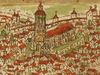 Ausschnitt aus einer Stadtansicht in einer anderen Chronikhandschrift, kolorierte Federzeichnung um 1600. Auf dem Turm ist über dem Portal zur Vorhalle das Zifferblatt einer Uhr zu erkennen (StadtA Schwäb. Hall S09/10 Bl. 3)