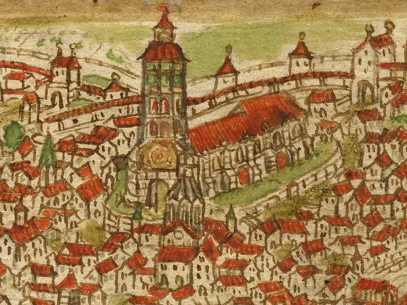 Ausschnitt aus einer Stadtansicht in einer anderen Chronikhandschrift, kolorierte Federzeichnung um 1600. Auf dem Turm ist über dem Portal zur Vorhalle das Zifferblatt einer Uhr zu erkennen (StadtA Schwäb. Hall S09/10 Bl. 3)