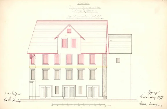 Zeichnung der Fassade zum Haalplatz hin zur Aufstockung um ein Stockwerk und ein Satteldach, 1877 (Baurechtsamt Schwäb. Hall, Bauakten)