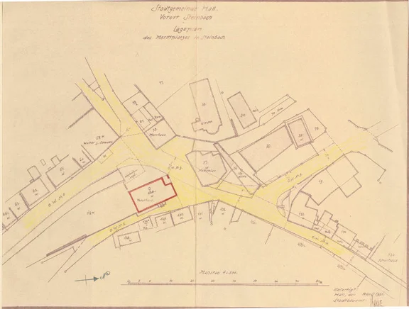 Lageplan von 1931 mit nachträglichen Änderungen. Das über dem Waschbach stehende Waschhaus mit Remise wurde demzufolge 1936 abgebrochen (Stadt Schwäb. Hall, Baurechtsamt, Bauakten Hessentaler Straße 9)