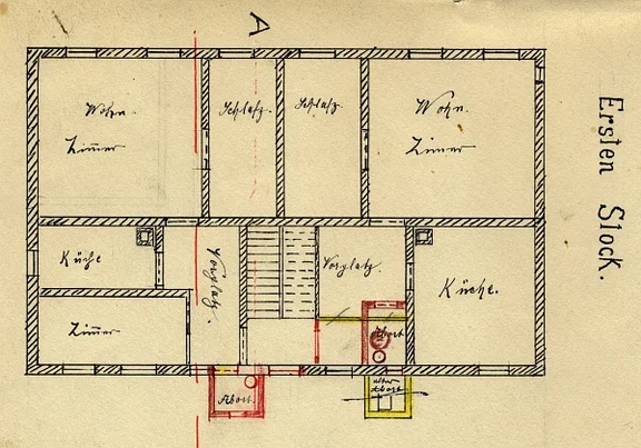 Grundriss des 1. Stocks zum Anbau eines Aborterkers auf der Hausrückseite, 1911. Gelb eingezeichnet ist der Vorgänger des neuen Aborts (siehe die Zeichnung von J. F. Reik, 1875) (StadtA Schwäb. Hall 27/0454)