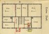Grundriss des 1. Stocks zum Anbau eines Aborterkers auf der Hausrückseite, 1911. Gelb eingezeichnet ist der Vorgänger des neuen Aborts (siehe die Zeichnung von J. F. Reik, 1875) (StadtA Schwäb. Hall 27/0454)