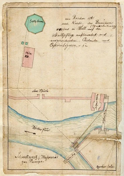 (Nicht umgesetzter) Entwurf J. M. Roschers für eine „Wasserkunst“ (Pumpwerk), in dem der Verlauf der südlichen Haalmauer und das „Obere Türle“ dargestellt sind (StadtA Schwäb. Hall HV HS 88, Bl. 181v)