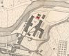 Ausschnitt aus einem Stadtplan mit Grundriss der Saline von 1877. Das Gebäude ist rot hervorgehoben. Aus: Hausser: Schwäbisch Hall und seine Umgebung, Schwäbisch Hall 1877 (StadtA Schwäb. Hall Bibl. HV 1144b)