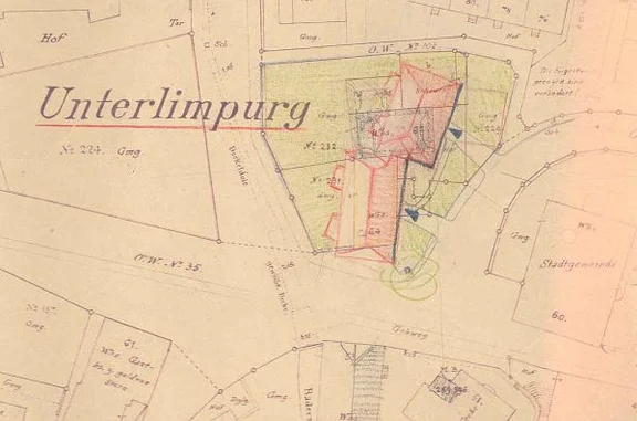 Undat. Grundriss um 1962-1964 für ein auf dem Grundstück geplantes, aber nicht verwirklichtes Hotel oder Altenheim. Bemerkenswert sind die hier eingezeichneten Keller des Vorgängerhauses (StadtA Schwäb. Hall 27/0316)