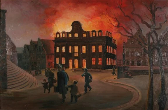 Brand des Rathauses am 16. April 1945, Gemälde von R. Fechner (StadtA Schwäb. Hall S12/0188)