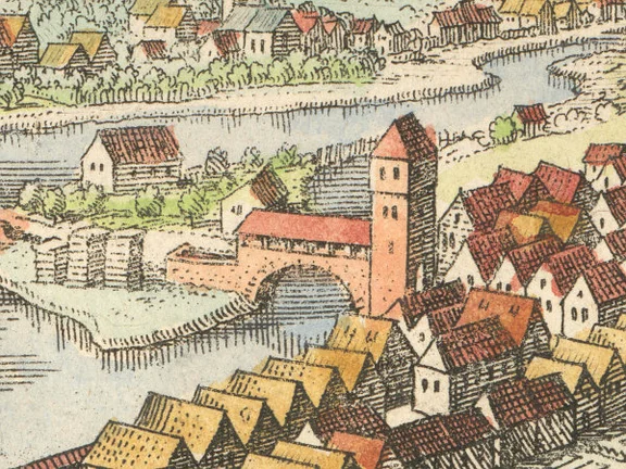 Ausschnitt aus der Stadtansicht von Matthäus Merian nach Leonhard Kern, 1643. Der Rote Steg wird hier fälschlicherweise als Steinbogenbrücke mit Dach dargestellt – offenbar eine Fehlinterpretation der Kern’schen Vorlage durch den Kupferstecher (StadtA Schwäb. Hall S10/0506)