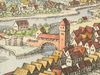 Ausschnitt aus der Stadtansicht von Matthäus Merian nach Leonhard Kern, 1643. Der Rote Steg wird hier fälschlicherweise als Steinbogenbrücke mit Dach dargestellt – offenbar eine Fehlinterpretation der Kern’schen Vorlage durch den Kupferstecher (StadtA Schwäb. Hall S10/0506)