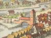 Ausschnitt aus der Stadtansicht von Matthäus Merian nach Leonhard Kern, 1643. Der Rote Steg wird hier fälschlicherweise als Steinbogenbrücke mit Dach dargestellt – offenbar eine Fehlinterpretation der Kern’schen Vorlage durch den Kupferstecher (StadtA Schwäb. Hall S10/0506)