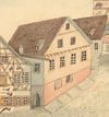 Auf einer Ansicht des Riedener Tores vor dessen Abbruch 1824. Zeichnung von Peter Koch nach einer älteren Vorlage, 1878 (StadtA Schwäb. Hall  S10/339)
