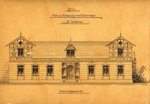 Ansicht der straßenseitigen Fassade aus den Bauplänen von Stadtbaumeister Christoph Kolb, 1887. Ein kompletter Satz der Baupläne hat sich als Beilage zu den Rechnungen der Hospitalverwaltung 1887/88 erhalten (StadtA SHA H02/4469)
