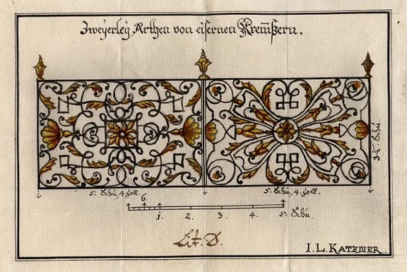 Entwurf für schmiedeeiserne Gitter um den Taufstein in St. Michael, 1779. Eine von mehreren Zeichnungen des Baumeisters Johann Leonhard Kazner. (StadtA Schwäb. Hall 5/1901)