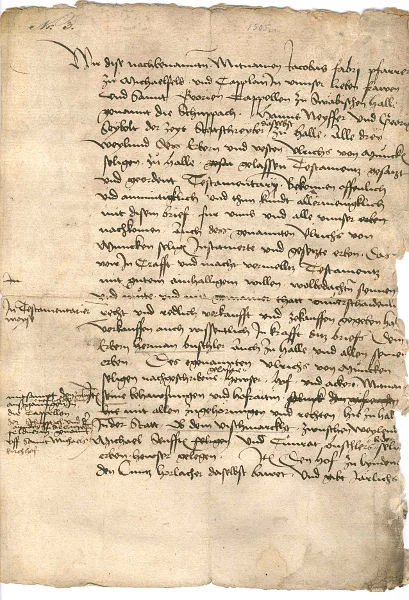 Verkauf der „Behausung und Hofraite ob dem Fischmarkt“ durch die Testamentsvollstrecker des Ulrich von Münkheim an Hermann Büschler, 1504 (StadtA Schwäb. Hall 13/1)