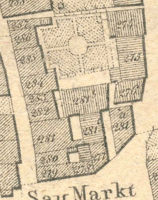 Ausschnitt aus dem Primärkataster von 1827. Das Hauptgebäude liegt unten in der Mitte (PKN 281). Gut zu erkennen sind hier die zahlreichen Nebengebäude. PKN 281a (später Blendstatt 1) wird 1827 als Wohnhaus, später als Remise bezeichnet, PKN 281b (später Blendstatt 5/1) als Scheune und Badhaus, später als Brauerei,  PKN 281c (später Gelbinger Gasse 2/1) als Brauhaus. Später gehörte auch die Scheuer PKN 276 zu diesem Besitzkomplex. (StadtA SHA S13/0583)
