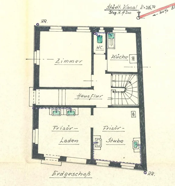 Grundriss des Erdgeschosses zum Anschluss an die Kanalisation, 1961 (Baurechtsamt SHA, Bauakten)