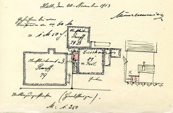 Grundriss des Anwesens mit dem Nachbarhaus Nr. 79 und dessen Nebengebäuden. Zeichnung aus den Bauakten, 1913 (Baurechtsamt SHA /  StadtA SHA Server Häuserlexikon)