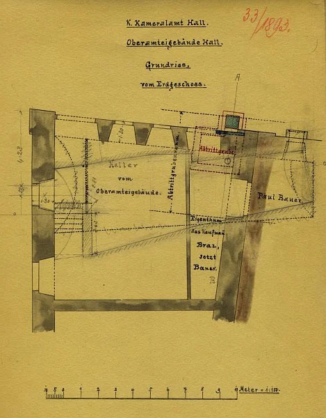 Kellergrundriss des „Oberamteigebäudes“ von 1893 zwecks Bau eines „Abtritts“ (Toilette) (Baurechtsamt Schwäb. Hall, Bauakten Am Markt 7/8)