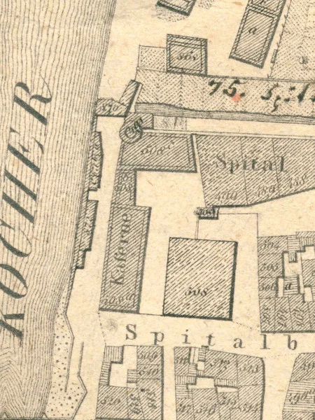 Ausschnitt aus dem Primärkataster von 1827, ebenfalls mit Bezeichnung als Kaserne (StadtA Schwäb. Hall S13/0583)