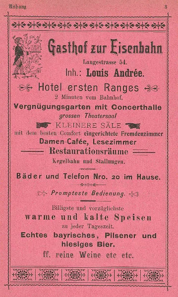 Anzeige der „Eisenbahn“ von 1901, aus: W. Burkhardt (Bearb.): Adreß- und Geschäfts-Handbuch der Oberamtsstadt Schwäbisch Hall, Schwäbisch Hall 1901, Inseratenanhang, S. 8 (StadtA Schwäb. Hall Bibl. 2947)