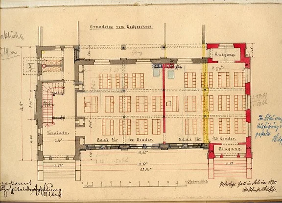 Grundriss des Erdgeschosses zur Erstellung eines Anbaus an die damalige „Kleinkinderschule“, 1894 (Stadt Schwäb. Hall, Baurechtsamt, Bauakten)