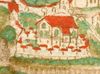 Ausschnitt aus einer kolorierten Federzeichnung von Unterlimpurg in einer anderen Haller Chronik, um 1600. Abgesehen von dem hier nicht zu sehenden Turm gleicht sich die Darstellung mit der in HV HS 74. (StadtA Schwäb. Hall 4/4. Bl. 10)
