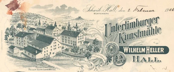 Der Briefkopf der ''Unterlimpurger Kunstmühle Wilhelm Heller'' von 1906 zeigt das Ensemble aus Richtung Westen (StadtA SHA S01/211)