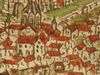Ausschnitt aus einer Stadtansicht in der „Dötschmann-Chronik“, einer anderen Chronikhandschrift, kolorierte Federzeichnung um 1600. Hier ist das Widmanhaus halb verdeckt durch das Neue Rathaus bzw. die Kanzlei (linke Bildmitte, Giebel zum Betrachter) (StadtA SHA S09/10 Bl. 3)