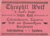 Anzeige des im Haus ansässigen Geschäfts von Theophil Wolf von 1901 aus: W. Burkhardt (Bearb.): Adreß- und Geschäfts-Handbuch der Oberamtsstadt Schwäbisch Hall, Schwäbisch Hall 1901, Inseratenanhang, S. 37 (StadtA Schwäb. Hall Bibl. 2947)